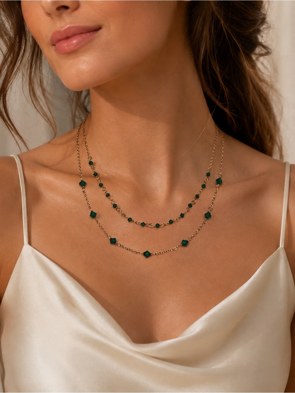 Handmade Swarovski Fern Green Crystal Double Layer Gold Tone Necklace